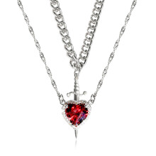 Red Crystal Heart Shaped Dagger Pendant Necklace, Gothic Sword Layered Collarbone Chain Jewelry for Women Valentine's Day Gift
