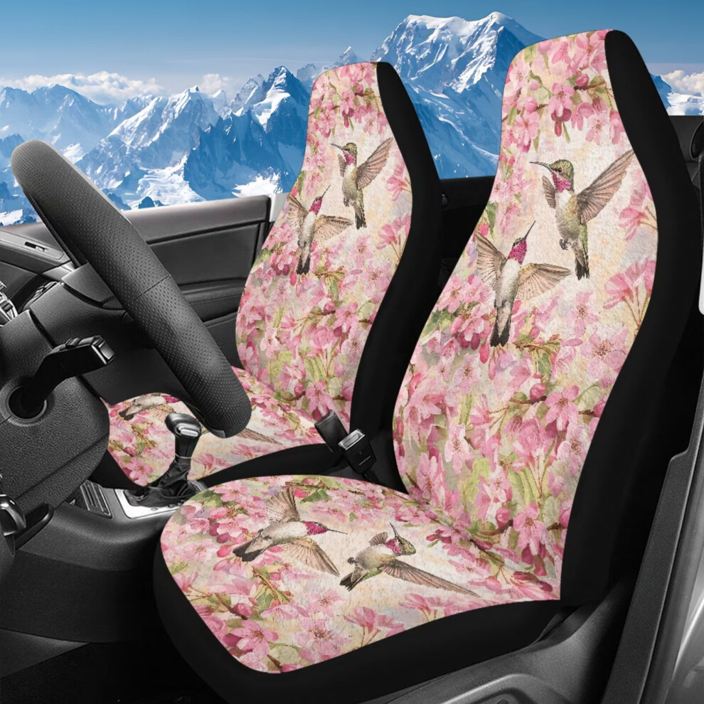 Premium Cherry Blossom Hummingbird Car Seat Covers, 2 Pcs, Universal Fit, Compatible With Most Cars Coral 9180435387424