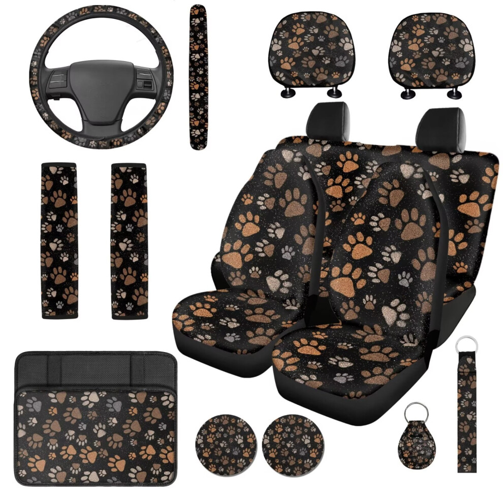 Dog Paw 14-Piece Car Seat Cover Set: Steering Wheel, Headrest, Armrest, Cup Pad & Seat Belt Covers Â Soft Fit For Cars & Suvs Brown 9180435387813