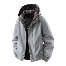 Men's Plaid Patchwork Long Sleeve Zip-Up Utility Jacket with Detachable Hood Functional Workwear Coat