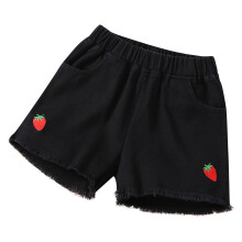 Girls' Bow Denim Shorts with Strawberry Print, Raw Hem, Pull-On, Pockets – Compatible with Ages 9