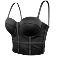 Women's Mesh Bustier Crop Top Push Up Corset Tops Bra Apricot Black 2XL