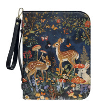 Fantasy Forest Sika Deer Bunny Floral PU Leather Bible Cover for Women & Men – Lightweight, Detachable Wristlet Strap, XL, Compatible with Standard