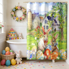Rideau de bain imperméable pour Pâques, sans perçage, 12 crochets, 120 x 180 cm, multicolore – Compatible avec les tringles standard