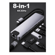8-in-1 USB-C Hub: 4K HDMI, 100W PD, 3USB 3.0, Ethernet, SD/TF Reader—compatible with MacBook, Windows, iPad, Android