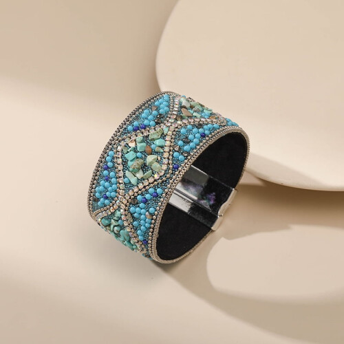 Bangle Stone Rice Bead Leather Bohemian Magnetic/3 silver base light blue