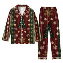 Conjunto feminino de Natal estampado de duas peças: blusa de manga comprida e