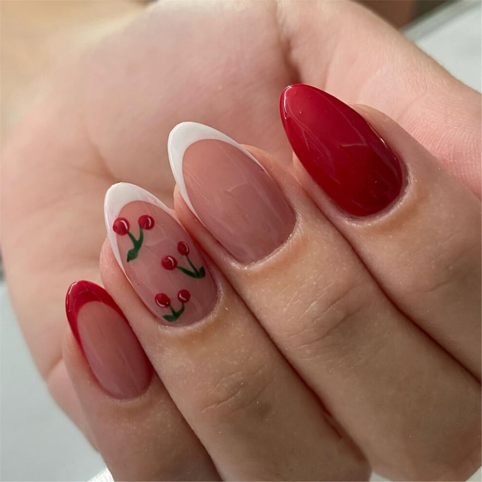 Almond Press on Nails Glossy Fake Nails Stick on Nails in 12Size,24Pcs French Nails Tips for DIYS Nails Art Decorations