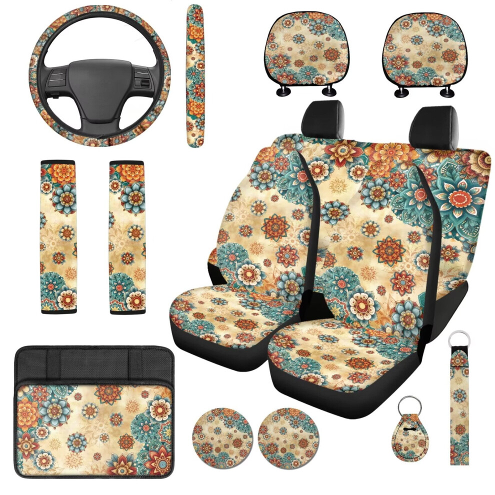 Mandala Floral 14-Pc Car Seat Cover Set W/ Headrest, Steering Wheel, Console Covers & Seat Belt Pads Â Compatible With Cars & Suvs 9422877512621