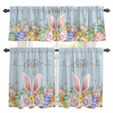 Happy Easter Kitchen Curtains & Valances Set – Spring Rabbit, Eggs, Floral Blue Wood Grain, Rod Pocket, 27.5x36in, Compatible with Standard Rods