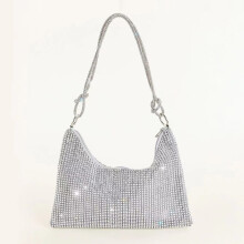 (Silver) Rhinestone Shoulder Bag with Zipper, Travel & Daily Use