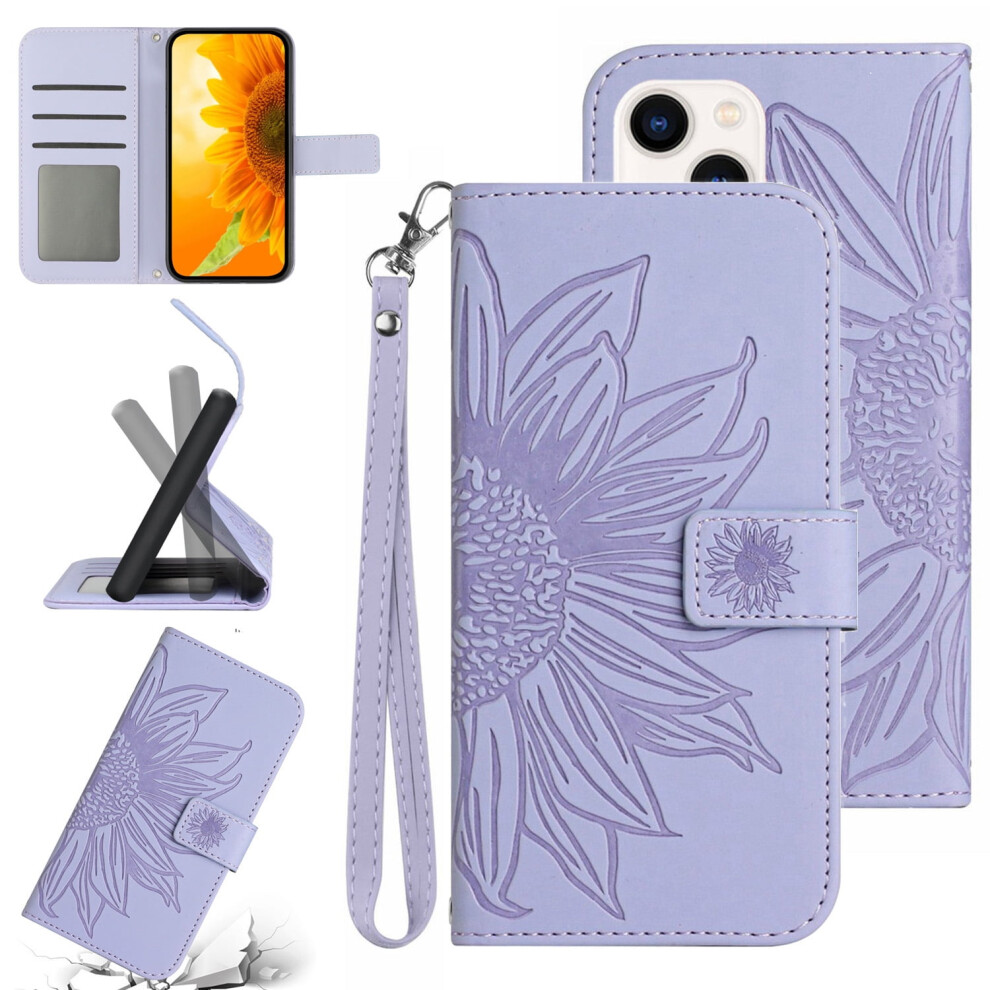 Slim Sunflower-Embossed Pu Wallet Case For Iphone 13, Magnetic Flip Cover With Card Slots, Kickstand & Hand Strap Â Light Purple 9422877995493