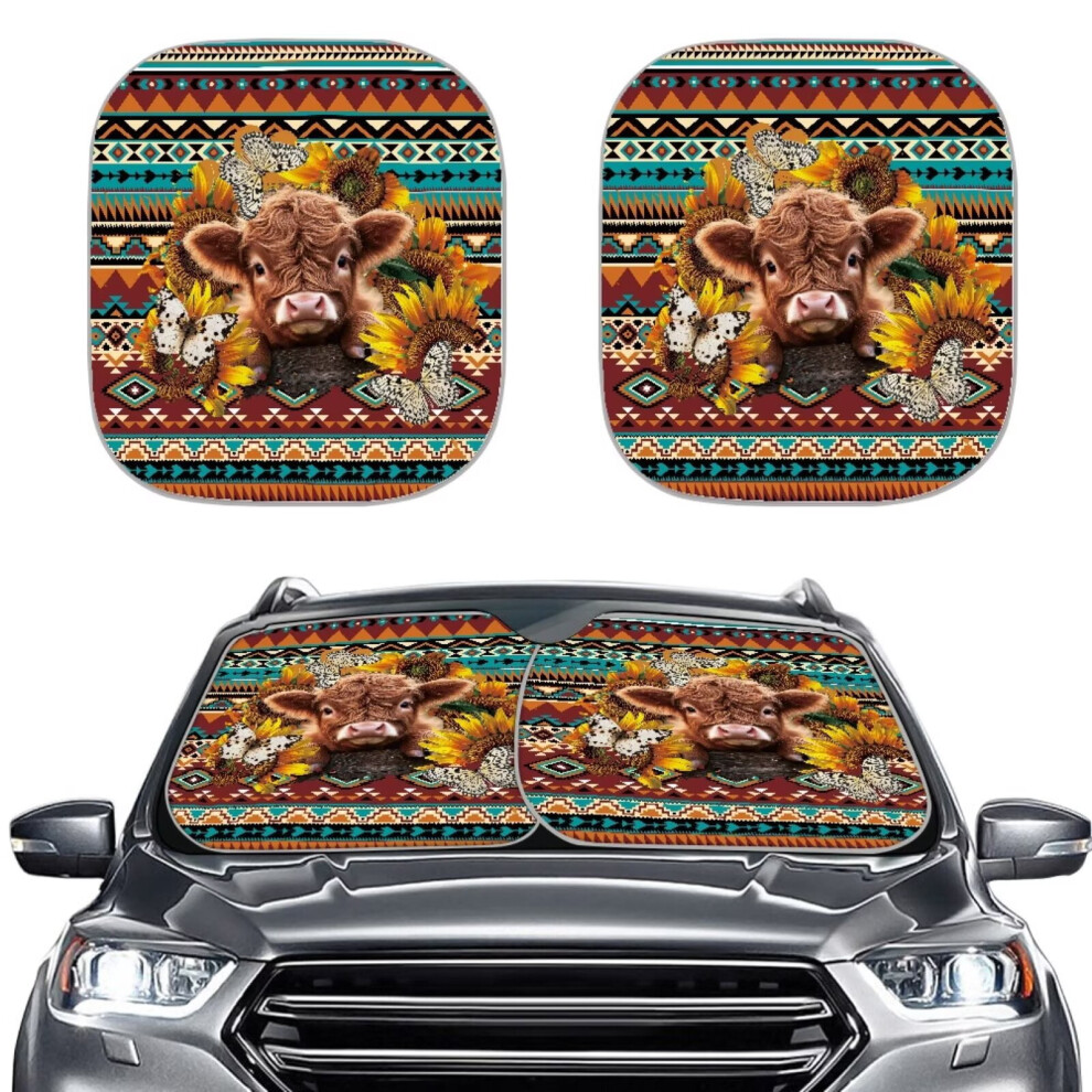 Aztec Geometric Baby Highland Cow Butterfly Car Sun Shade Â Foldable, Anti-Uv, Easy Install, Compatible With Most Windshields 9399596235233