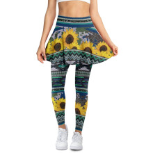 Women's Sunflower Tribal Skort with Leggings – Full-Length, Machine Washable, Elastic Waist, Compatible with Pickleball, Golf, Beach & Dance