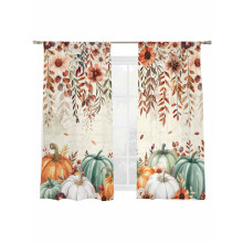 Fall Pumpkin Sheer Curtains 52"W x 63"L, Brown Sunflower Leaf Vintage Thanksgiving Light-Filtering Voile Drapes, Rod Pocket, 2 Panels, Compatible