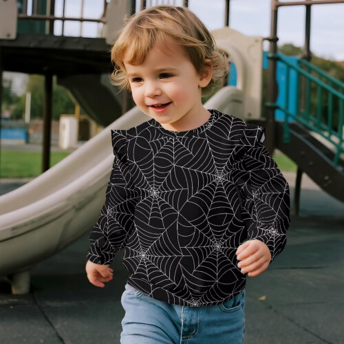 Halloween-Sweatshirt mit Spinnwebmuster, Rundhalsausschnitt, Rüschen und langen Ärmeln 2