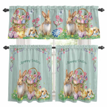 Easter Rabbit Kitchen Curtains & Valances Set – Spring Floral Eggs in Basket, Teal Wood Grain, Rod Pocket, 27.5x24in
