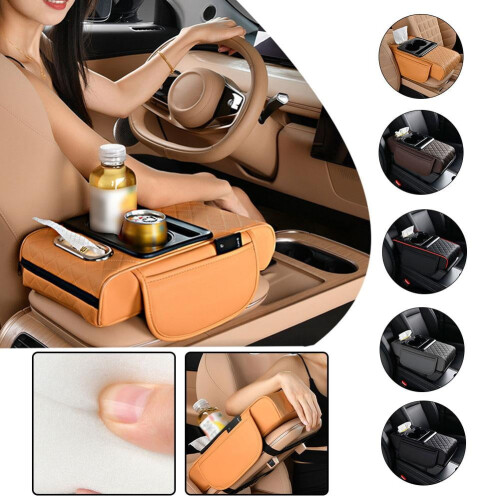 5-in-1 PU Leather Car Armrest Box Mat with Cup Holders and 2