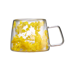 Clear Double Wall Glass Coffee Mugs with Handle, 200ml, Heat Resistant, Flower Design – for Tea, Cappuccino, Espresso, Latte – Home & Office