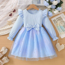 Girls Dress Long Sleeve Flutter Sleeve Round Neck Bow Tie Mesh Skirt Elegant and Princess Style