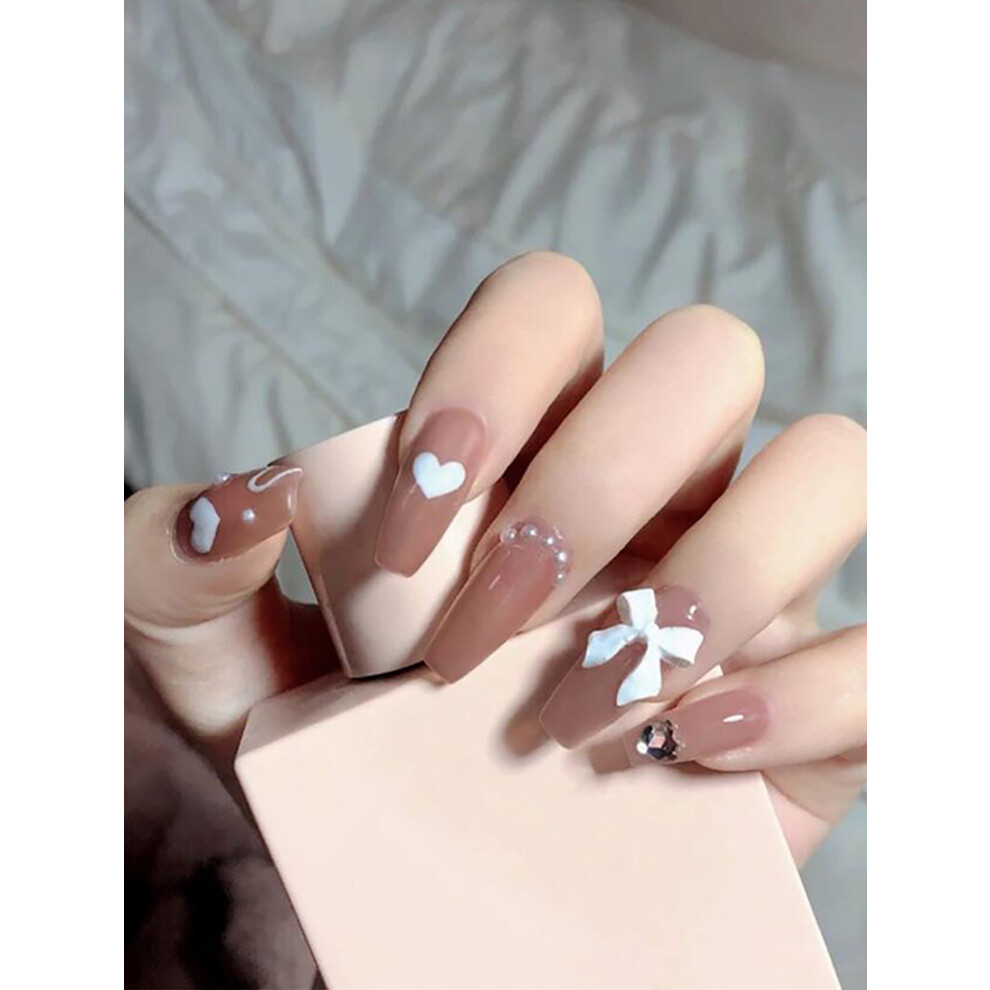 Phui-Pet-Supplies (Jelly Glue Model) 24Pcs Press On Nails With Pearl Bow, Sweet Style