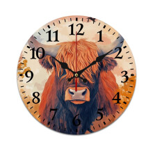Ink Painting Highland Cow Wall Clock – Retro Mute, Battery-Powered, Compatible with Home/Living Room/Kitchen/Office Decor