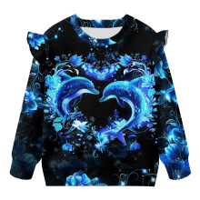 Girls' Ruffled Shoulder Blue Dolphin Sweatshirt, Long Sleeve Pullover Tops 4T-5T, Comfortable Casual Crewneck Sweatshirts for Fall/Winter/Spring