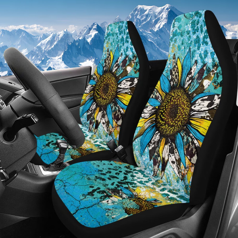 Leopard Sunflower Car Seat Covers Set Of 2, High-Back Stretchy Full-Wrap Front Seat Protectors For Suvs, Trucks, Vans, Sedans Coral 9085618473195