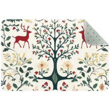 Small Washable Kitchen Rug – Christmas Vintage Trees/Flowers/Deer Design, Non-Slip Indoor Door Mat for Entryway, Bathroom, Bedroom