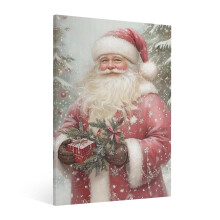 Vintage Pink Santa Wall Art Canvas Print – Retro Christmas Decor for Living Room, Kitchen, Bedroom; Compatible with Xmas Holiday Themes