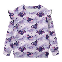 Kawaii Purple Bat Sweatshirt for Girls Size 2-3, Ruffle Long Sleeve Pullover, Soft Lightweight Crewneck Top