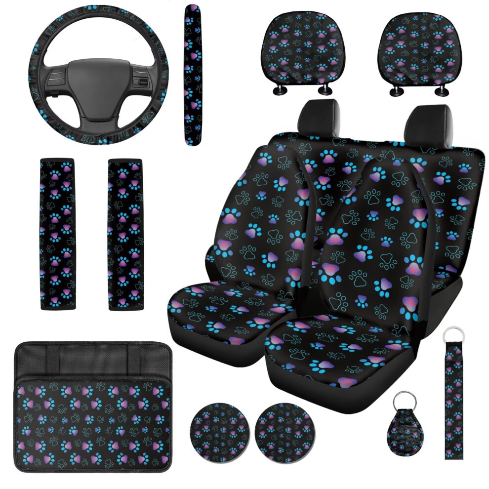 Dog Paws 14-Pc Car Seat Cover Set W/ Headrest, Steering Wheel, Console Covers, Seat Belt Pads & Cup Coasters Â Compatible With Cars & Suvs Blue 9085618474970