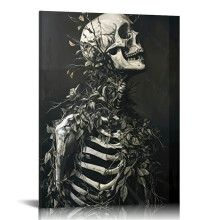 Vintage Halloween Skeleton Canvas Wall Art – Gothic Retro Horror Poster for Living Room, Bedroom, Bar – Compatible with Halloween Party Decor