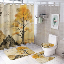 4Pcs Shower Curtain Set w/ Rug, Toilet Lid Cover & Bath Mat – Yellow/Amber Forest Watercolor Fall Tree Design, Waterproof