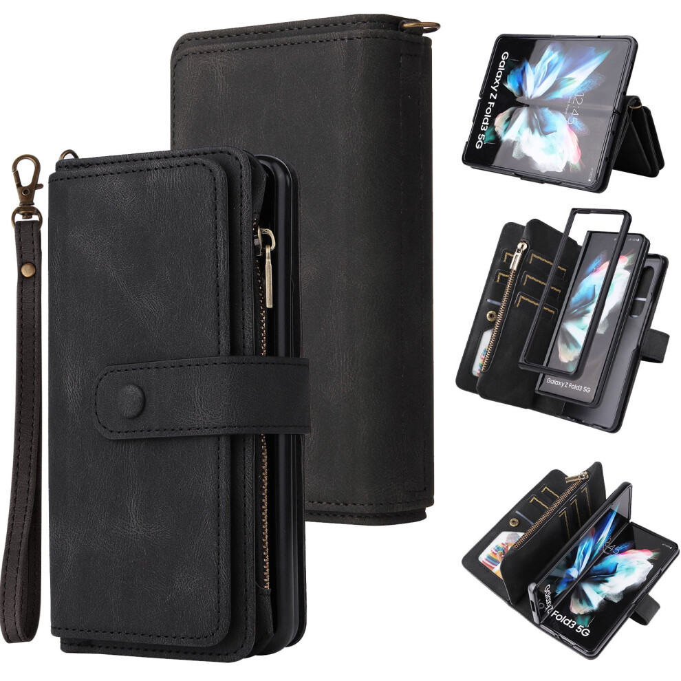 Samsung Galaxy Z Fold 4 5G Wallet Case Â Luxury Leather Folio With Zipper Pocket, Wrist Strap & Kickstand, Black 9558830185592
