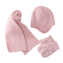 4pcs Winter Kids Knitting Cute Solid Color Childrens Keep Warm Leather Label Hat Scarf Glove Set