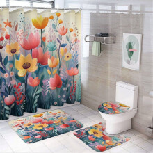 4-Piece Shower Curtain Set with Colorful Floral Design, Non-Slip Rugs & Toilet Mat, 12 Hooks, 72"x72", Spring Bathroom Decor