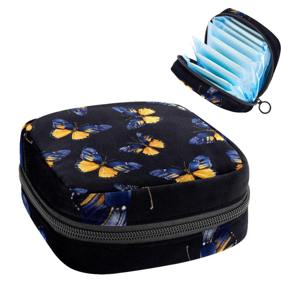 Portable Sanitary Napkin Storage Bag with Blue/Yellow Butterflies Pattern â for Pads, Liners, Tampons â Compatible with Teens & Women