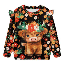Girls' Floral Highland Cow Pullover Sweatshirt, Long Sleeve Crewneck – Cute Fall Athletic Sweater, Size 1-2