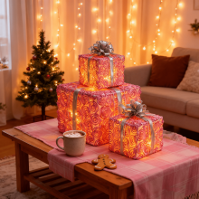 Lighted Christmas Gift Boxes Set of 3, Pink Rose Design with Bowknot, Pre-lit Decor for Indoor/Outdoor – Compatible with standard USB power