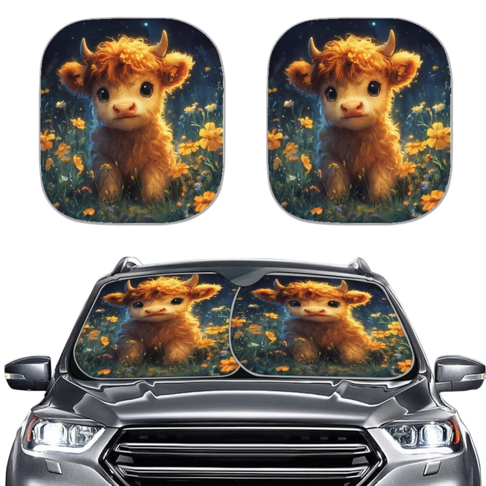2-Pc Cute Highland Cow Sun Visor Covers, Uv-Blocking Side Window Shades Â Compatible With Most Cars 9399596235554