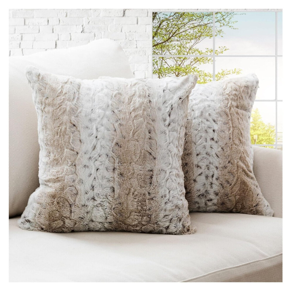 Embossed Faux Fur Throw Pillows - Set of 2 Lumbar Couch Pillows, 22" x 22" - Snow Leopard