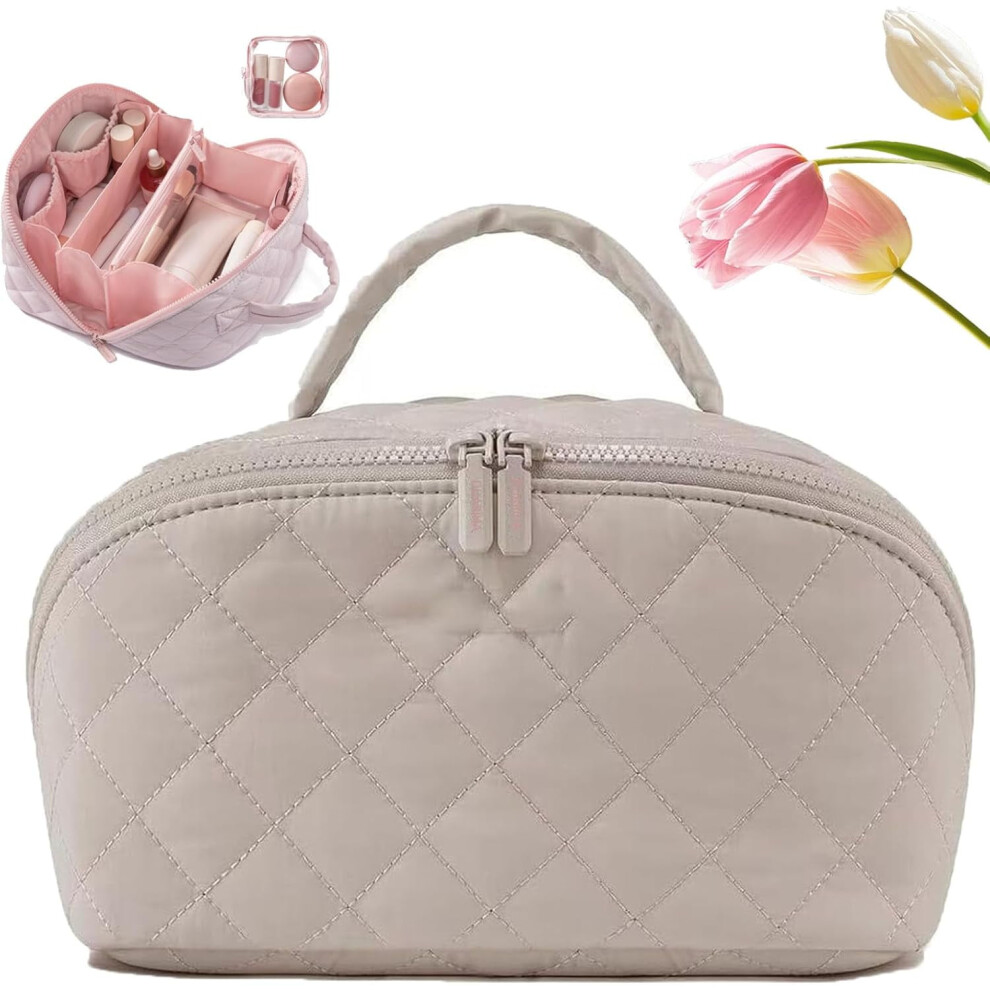 Travel Makeup Bag for Women â 180 Lay-Flat, Large Capacity, Triple-Proof Interior, Portable Puffer Toiletry Bag Compatible with Brushes