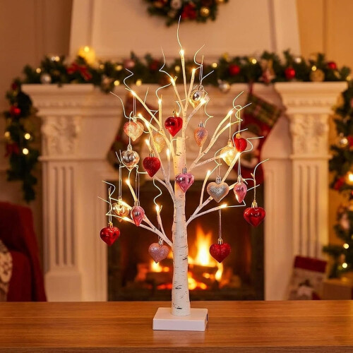 Heart-Shaped Birch Tree Lamp LED White Artificial 1 Piece