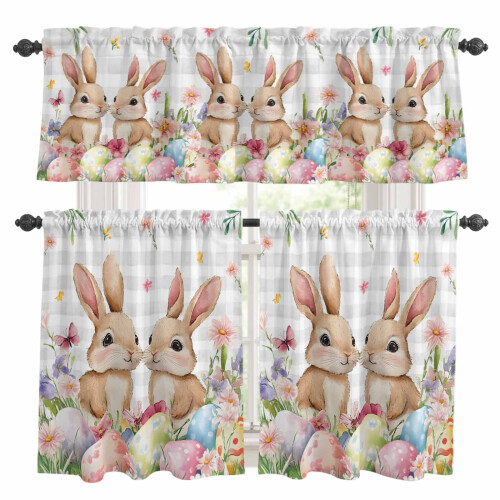 Easter Bunny Egg Kitchen Curtains Set Watercolor Floral