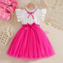Girls Fashion Dress Fly Sleeves Bow Mesh Skirt Belt