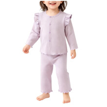 Kinder Mädchen Baumwollpyjama-Set, 2-teiliges Outfit, Langarm-Rüschenoberteil & Hose, Loungewear, Lila, 6M12M18M24M2T3T4T, Größe 2-12 Monate