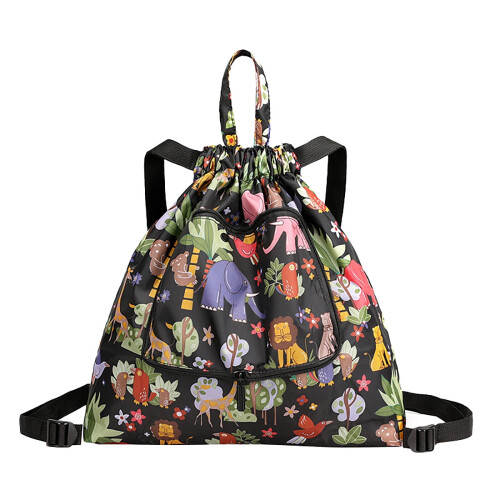 Mochila de viagem com fecho de cordão e compartimento seco/molhado.