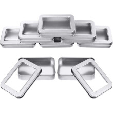 Set of 4 Small Rectangle Tinplate Metal Storage Boxes with Transparent Window Lid in