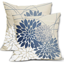Lichtblauwe kussenhoezen met bloemenprint 16x16 cm, grijs/witte sierkussens in landelijke stijl, moderne vierkante kussenhoezen, set van 2
